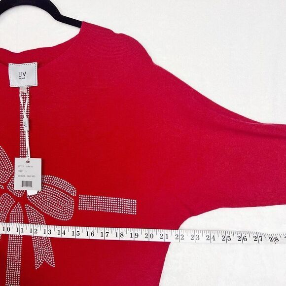 LIV Milano Deep Red Bow Rhinestone Embellished Sweater Dolman Sleeve Size L NWT - Picture 8 of 9